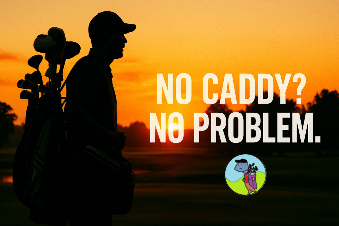 Golfer with clubs at sunset with 'No Caddy? No Problem.' text